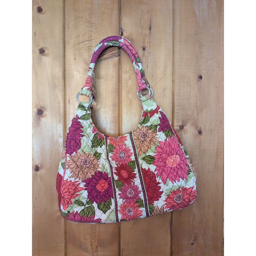 Vera Bradley Hello Dahlia Retired Quilted Cotton Hobo Shoulder Bag Pink Green